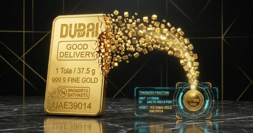 A conceptual 3D render showing a Dubai gold bar transforming into digital tokens.