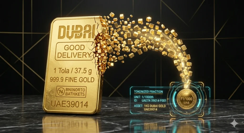 A conceptual 3D render showing a Dubai gold bar transforming into digital tokens.