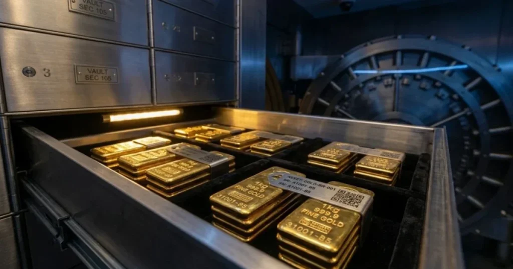 A detailed interior view of a segregated gold storage drawer in a Dubai vault, showing serialized gold bars.