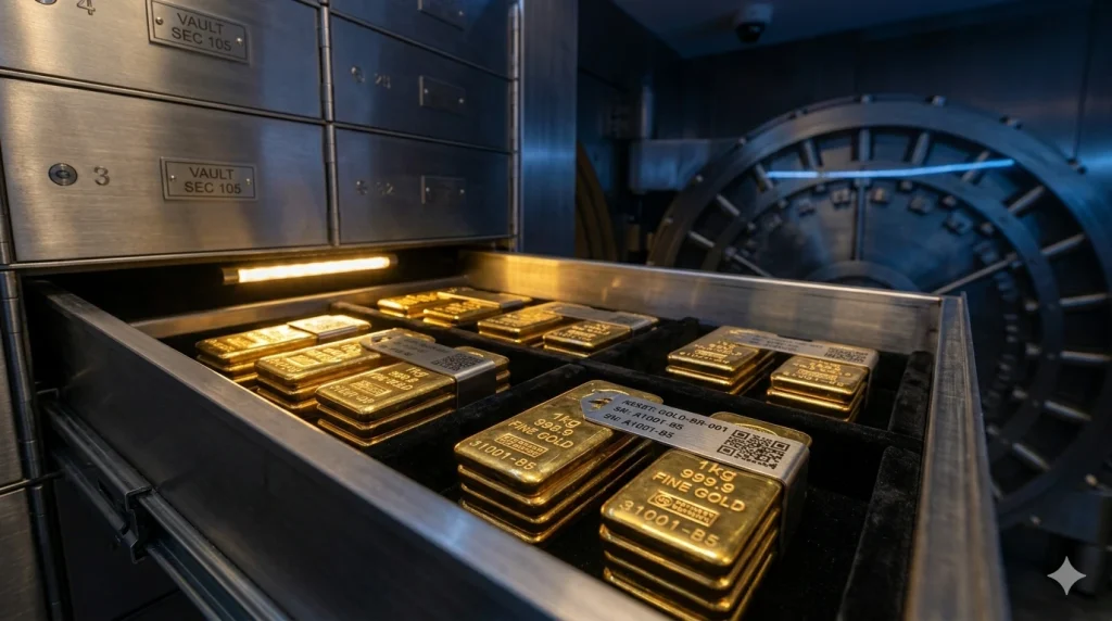 A detailed interior view of a segregated gold storage drawer in a Dubai vault, showing serialized gold bars