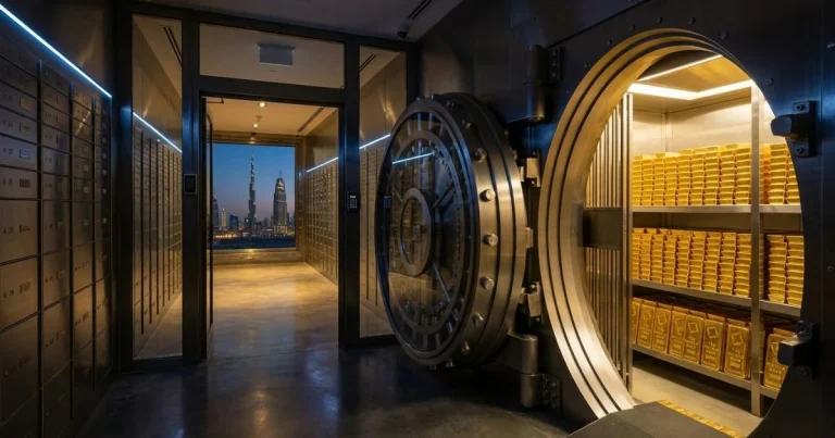 A secure, modern Non-Bank Gold Vaulting Dubai vault corridor in Dubai showing stacks of 1-kilogram gold bars and the city skyline.