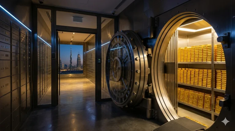 A secure, modern Non-Bank Gold Vaulting Dubai vault corridor in Dubai showing stacks of 1-kilogram gold bars and the city skyline.