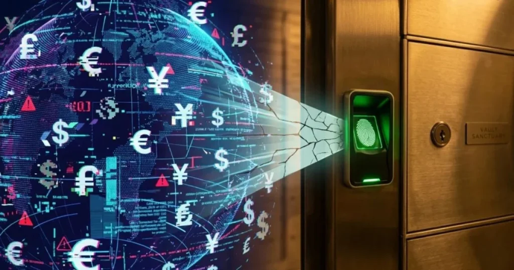 A visual comparison between unstable global financial data networks and a secure, biometric private vault locker in Dubai.