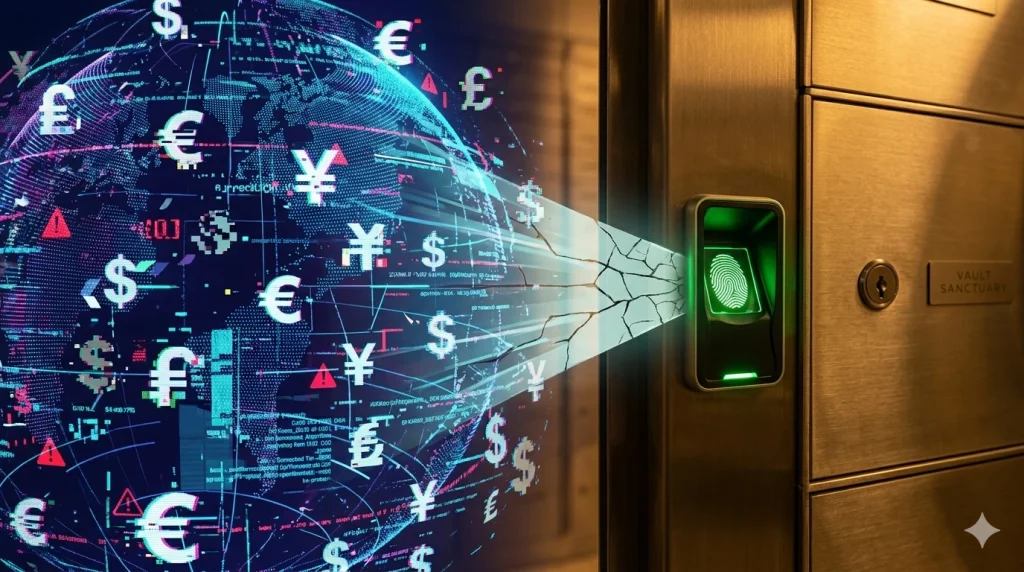 A visual comparison between unstable global financial data networks and a secure, biometric private vault locker in Dubai.