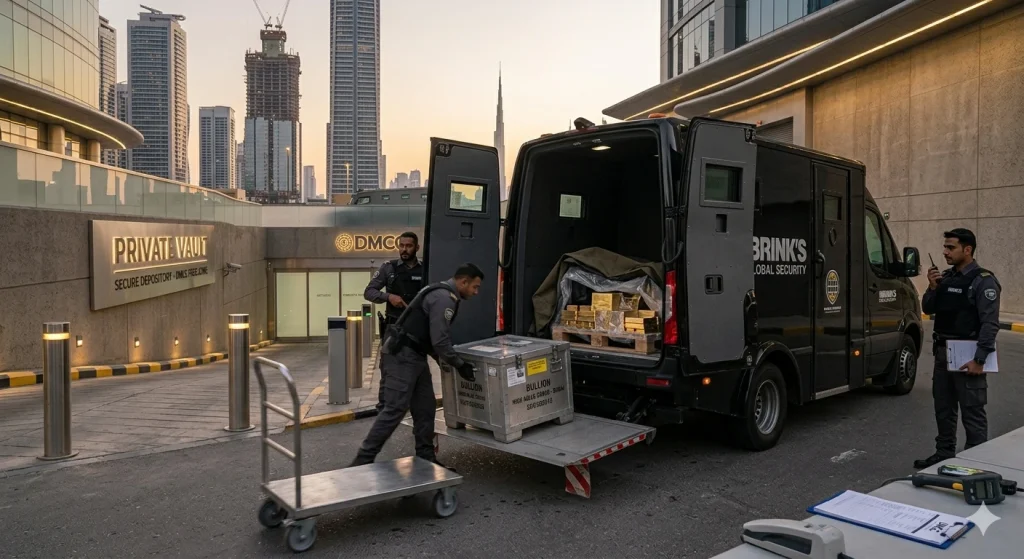 Armored security transport vehicle being loaded with gold bullion in Dubai for private non-bank vaulting.
