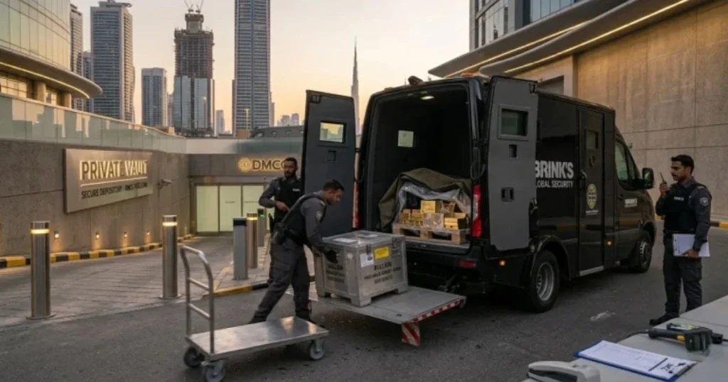 Armored security transport vehicle being loaded with gold bullion in Dubai for private non-bank vaulting.
