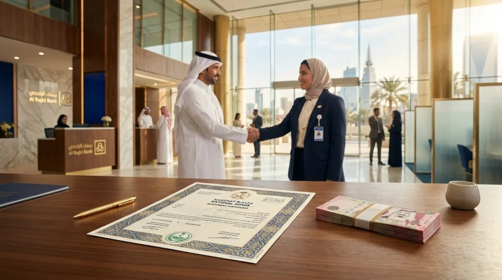 An official investment certificate and stacked currency on a desk in a prestigious Saudi bank, showcasing safe investing Middle East through government-backed bonds.