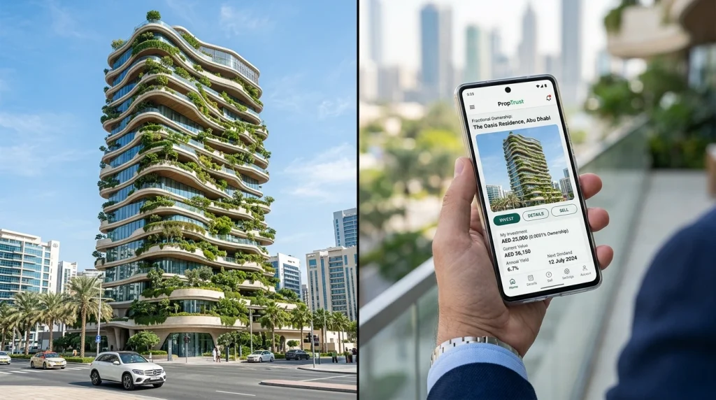 Split image showing a luxury Abu Dhabi vertical garden skyscraper and a hand holding a phone with a property investing app, demonstrating safe investing Middle East in real estate.