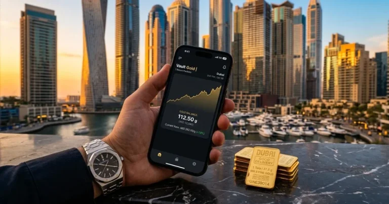 Digital app interface for asset backed gold investment UAE alongside physical gold bullion bars in Dubai.