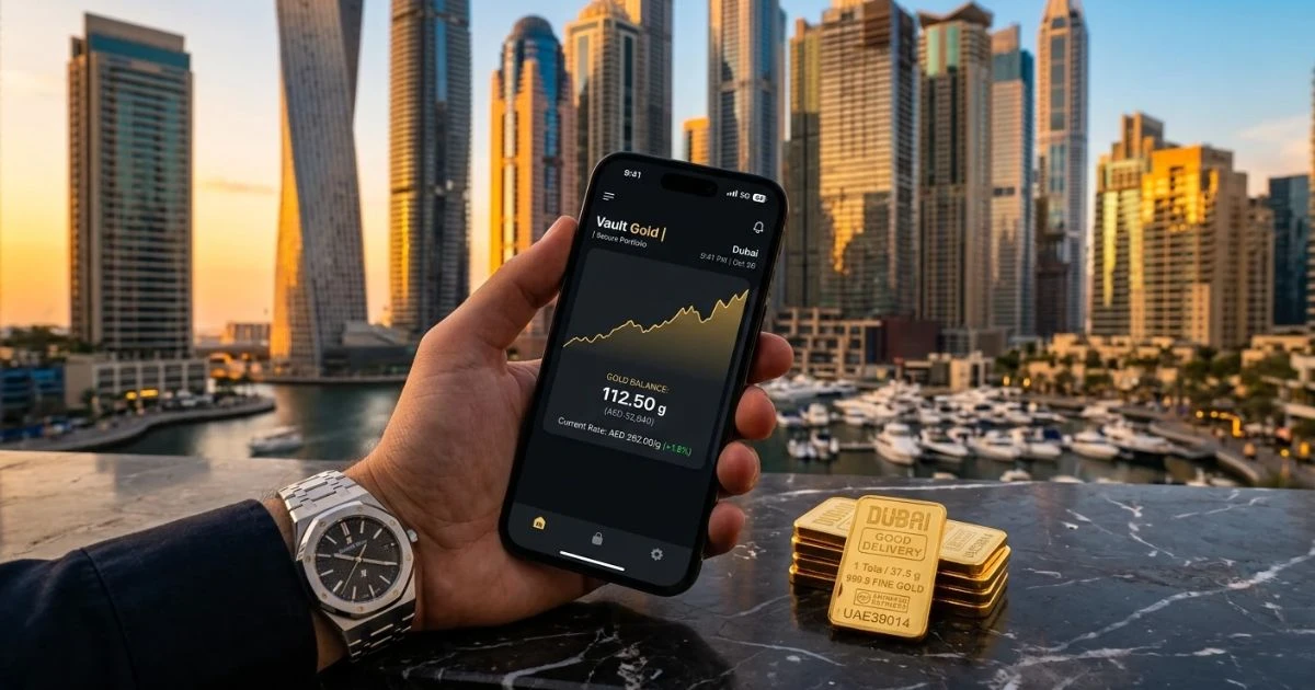 Digital app interface for asset backed gold investment UAE alongside physical gold bullion bars in Dubai.