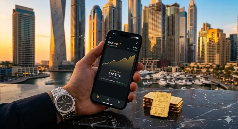 Digital app interface for asset backed gold investment UAE alongside physical gold bullion bars in Dubai.