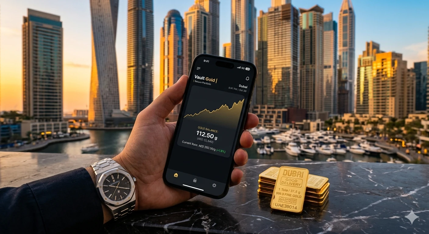 Digital app interface for asset backed gold investment UAE alongside physical gold bullion bars in Dubai.