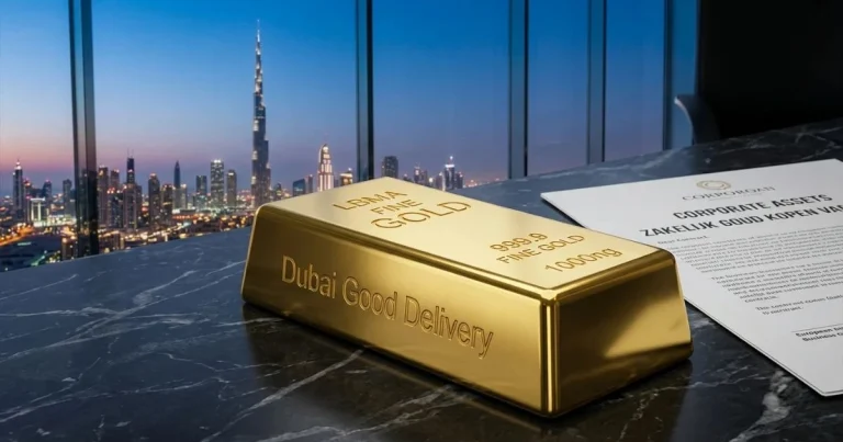 Een goudbaar van Dubai Good Delivery op een marmeren bureau met de tekst zakelijk goud kopen VAE.