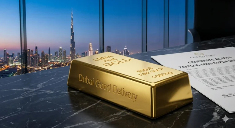 Een goudbaar van Dubai Good Delivery op een marmeren bureau met de tekst zakelijk goud kopen VAE.