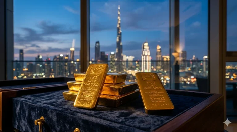 Een stapel gealloceerde goudbaren met de skyline van Dubai op de achtergrond, ter illustratie van niet-bancaire goudopslag.