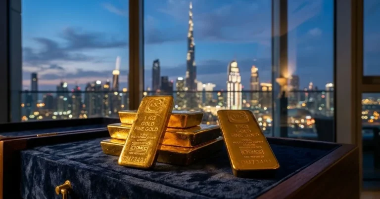 Een stapel gealloceerde goudbaren met de skyline van Dubai op de achtergrond, ter illustratie van niet-bancaire goudopslag.