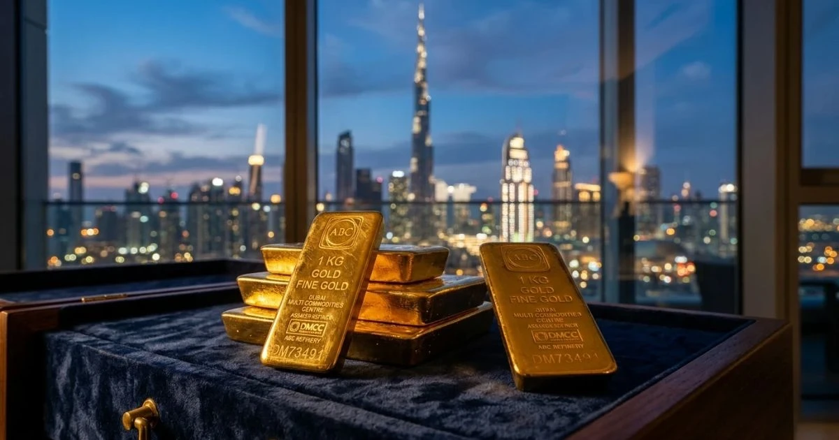 Een stapel gealloceerde goudbaren met de skyline van Dubai op de achtergrond, ter illustratie van niet-bancaire goudopslag.