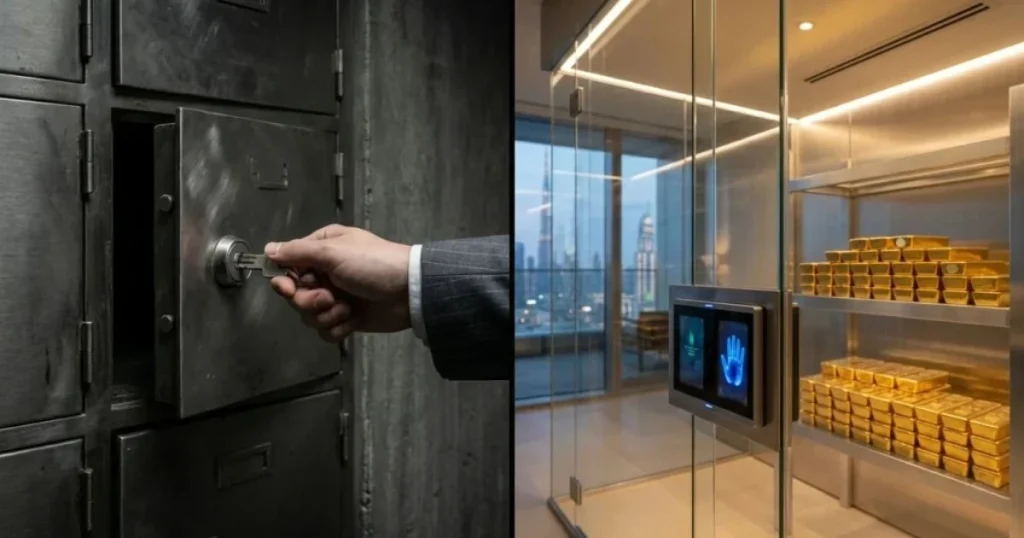 Een visuele vergelijking tussen een traditionele bankkluis en een moderne private niet-bancaire goudopslag faciliteit in Dubai.