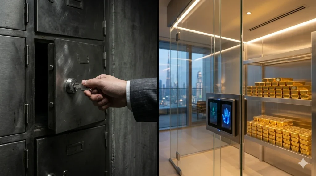 Een visuele vergelijking tussen een traditionele bankkluis en een moderne private niet-bancaire goudopslag faciliteit in Dubai.