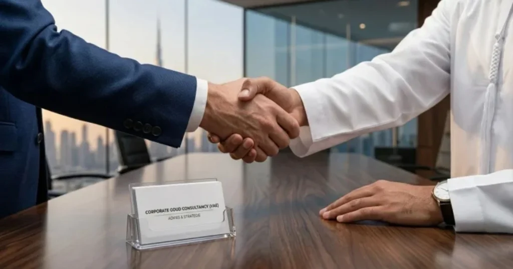 Een zakelijke handdruk tussen een Europese investeerder en een adviseur in Dubai bij een visitekaartje voor corporate goud consultancy.
