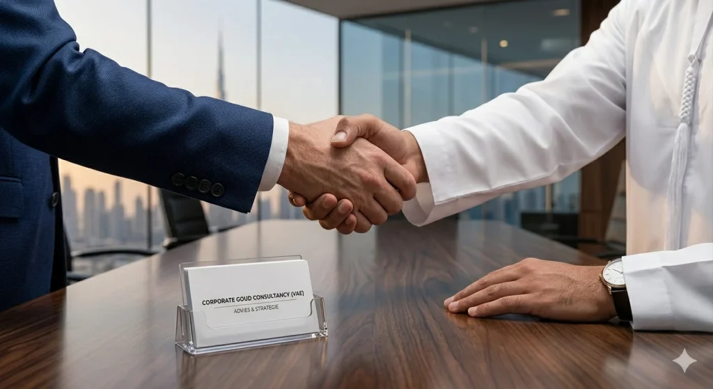Een zakelijke handdruk tussen een Europese investeerder en een adviseur in Dubai bij een visitekaartje voor corporate goud consultancy.
