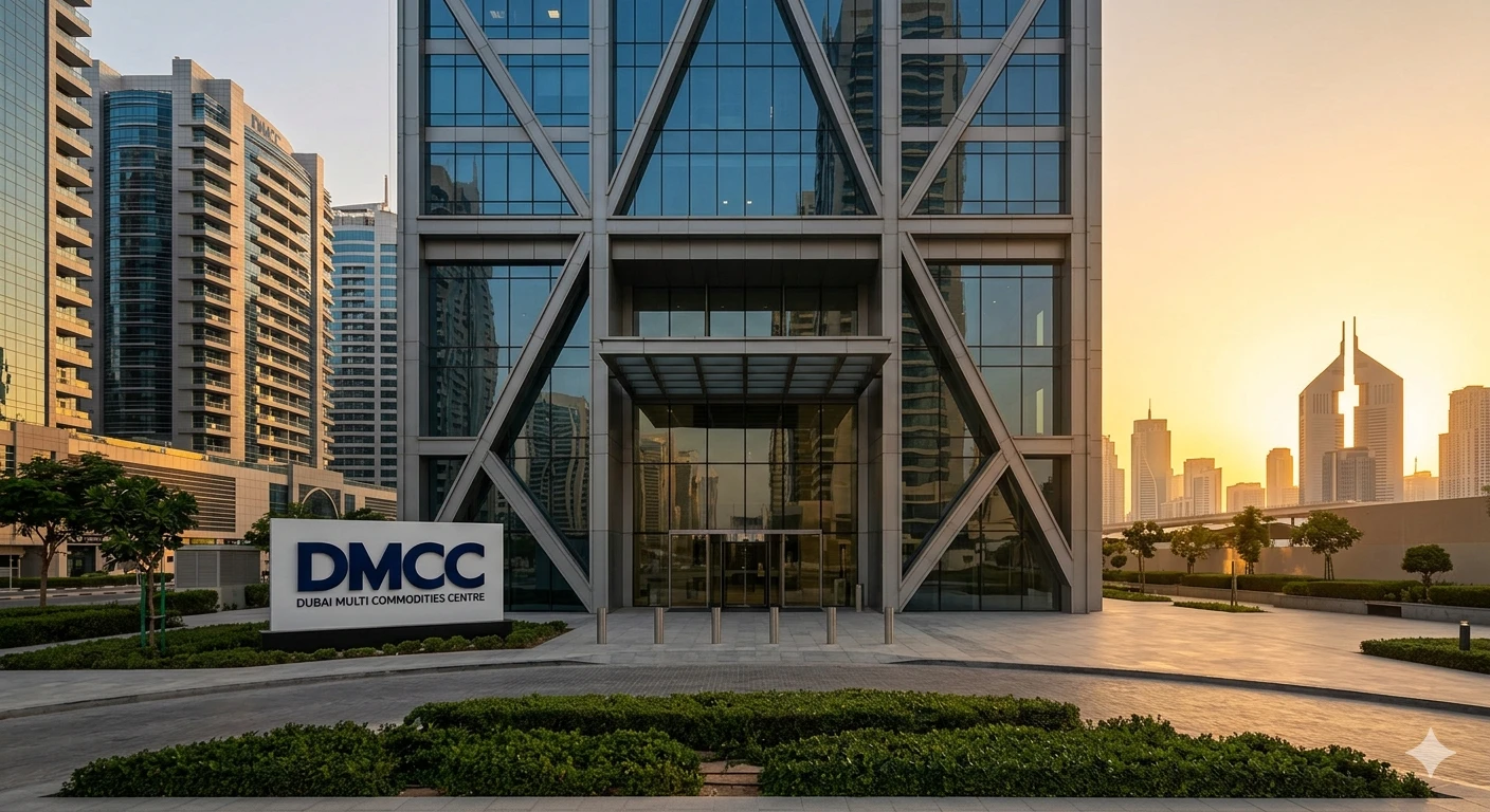 External view of the DMCC headquarters in Dubai at sunset, representing the secure infrastructure forphysical gold storage DMCC and precious metals trade.