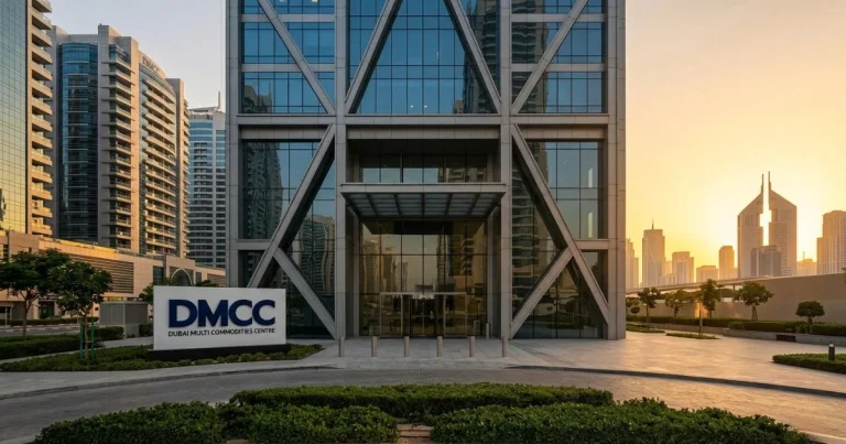 External view of the DMCC headquarters in Dubai at sunset, representing the secure infrastructure forphysical gold storage DMCC and precious metals trade.