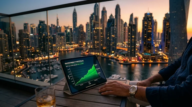 Digital tablet showing a growing investment portfolio chart against the glowing Dubai Marina skyline at sunset, representing safe investing Middle East strategies for 2026.