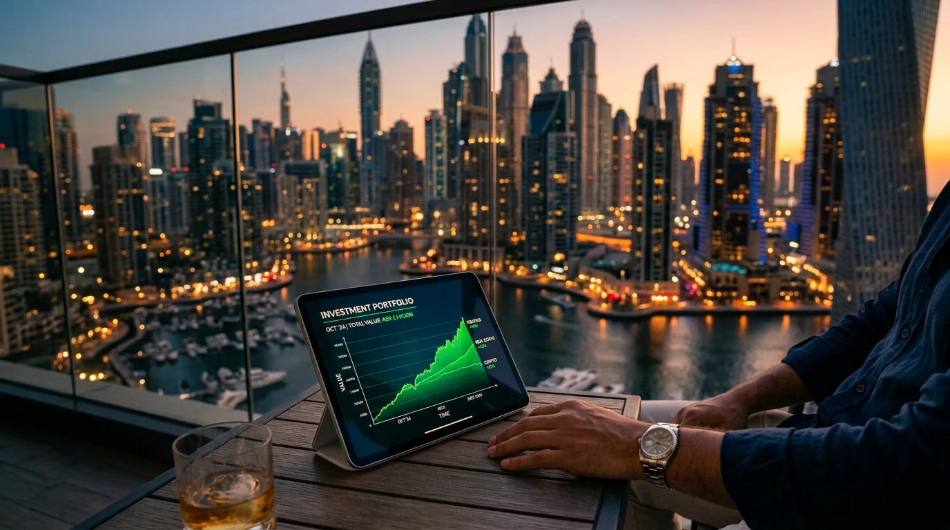 Digital tablet showing a growing investment portfolio chart against the glowing Dubai Marina skyline at sunset, representing safe investing Middle East strategies for 2026.
