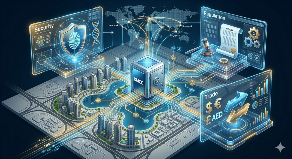 Infografía digital de un ecosistema urbano tecnológico de DMCC, mostrando pilares de seguridad, regulación y comercio global interconectados sobre una maqueta de ciudad futurista.