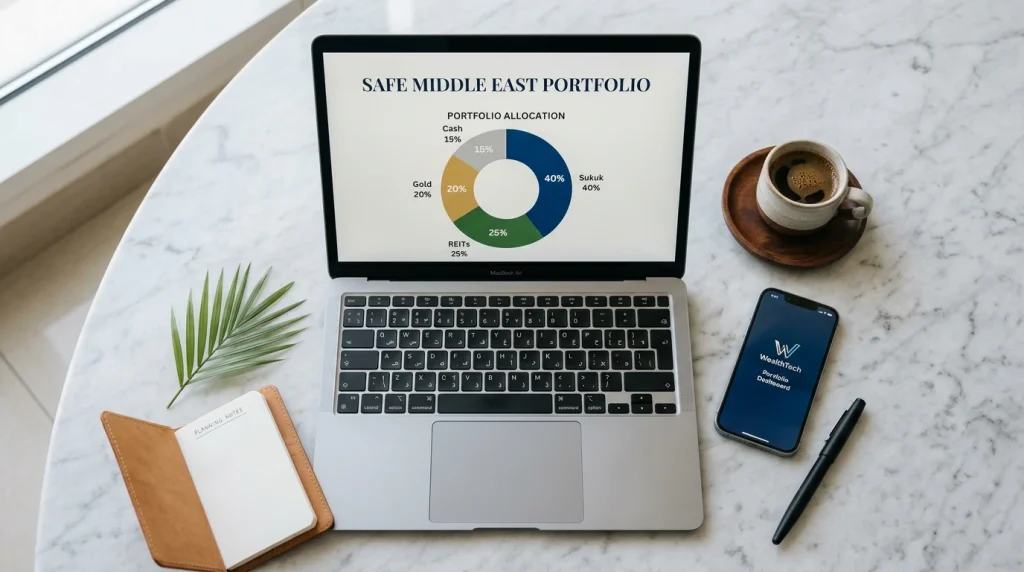 WealthTech mobile app and laptop showing a diversified investment strategy for safe investing Middle East markets with automated portfolio rebalancing.