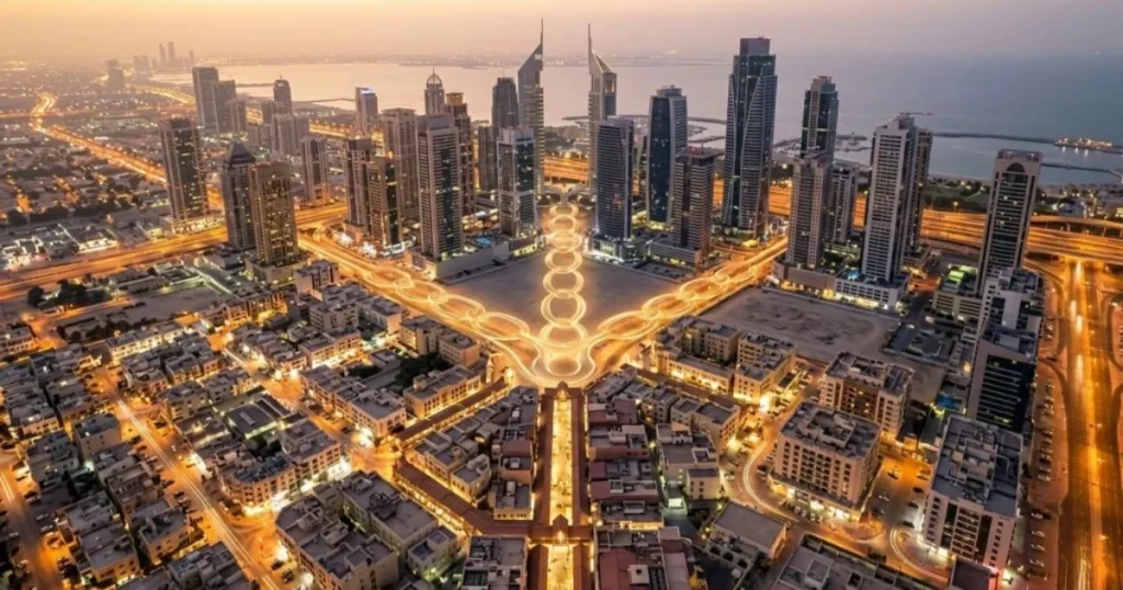 Luchtfoto van de skyline van Dubai en de DMCC vrijhandelszone bij zonsopgang voor ondernemers die zakelijk goud kopen in de VAE.
