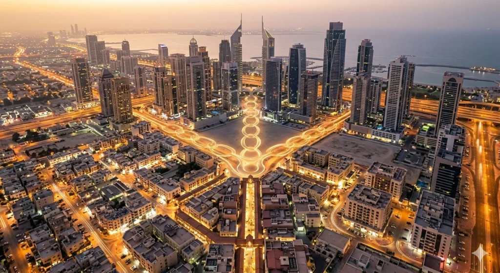 Luchtfoto van de skyline van Dubai en de DMCC vrijhandelszone bij zonsopgang voor ondernemers die zakelijk goud kopen in de VAE.