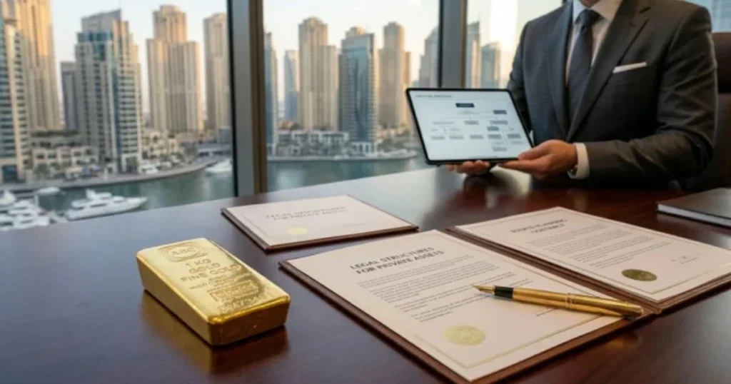Officiële documenten voor vermogensbescherming en een gealloceerde goudbaar op een kantoor in Dubai.