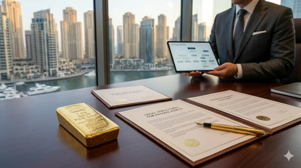 Officiële documenten voor vermogensbescherming en een gealloceerde goudbaar op een kantoor in Dubai.