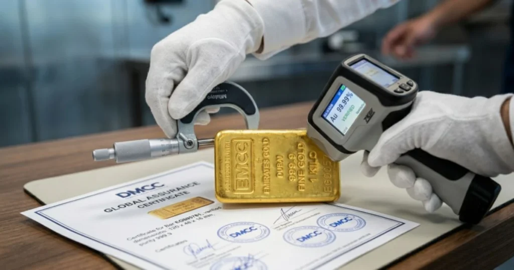Proceso de verificación de un lingote de oro DMCC de un kilo, mostrando herramientas de medición de precisión, un escáner de pureza y el certificado de garantía oficial.