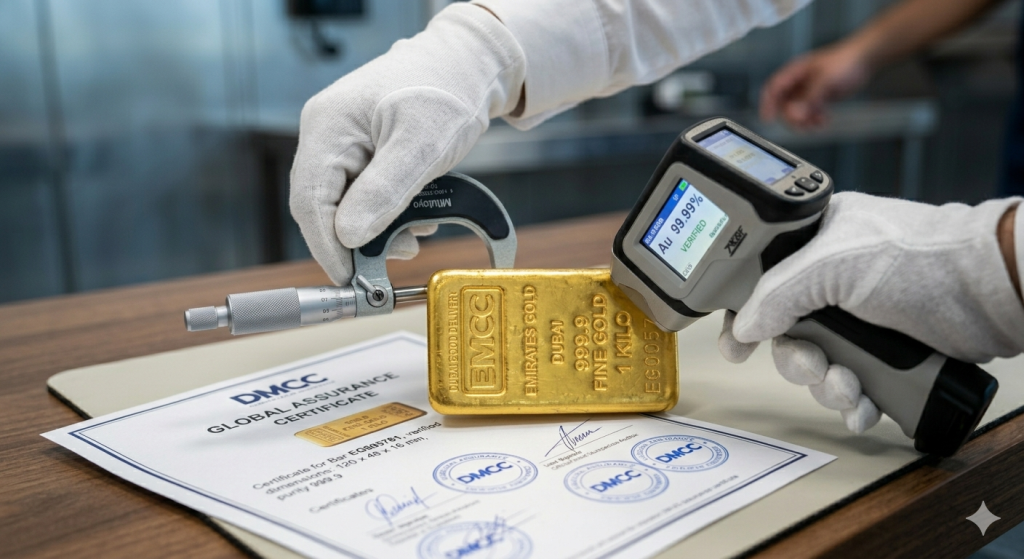 Proceso de verificación de un lingote de oro DMCC de un kilo, mostrando herramientas de medición de precisión, un escáner de pureza y el certificado de garantía oficial.