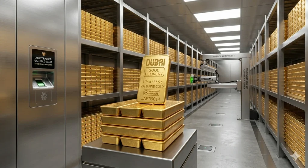 Securely vaulted physical gold bars providing the foundation for asset backed gold investment UAE.