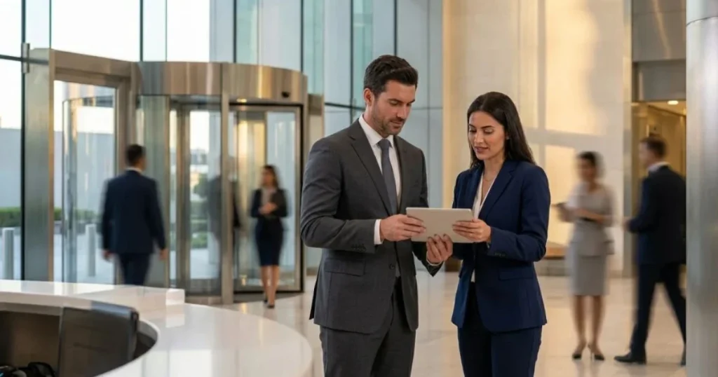 Two professional consultants in business attire reviewing financial data on a tablet in a modern Dubai office lobby.