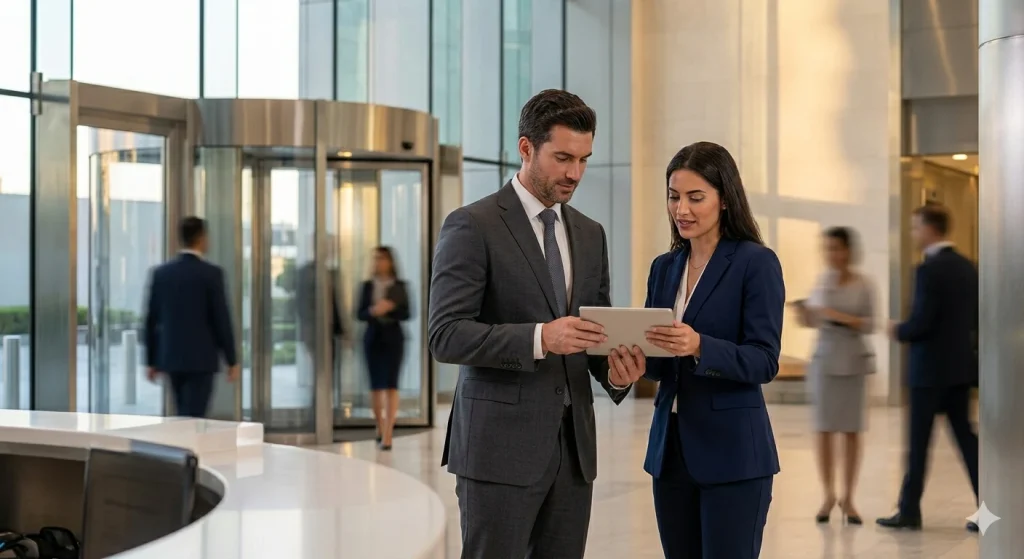 Two professional consultants in business attire reviewing financial data on a tablet in a modern Dubai office lobby.