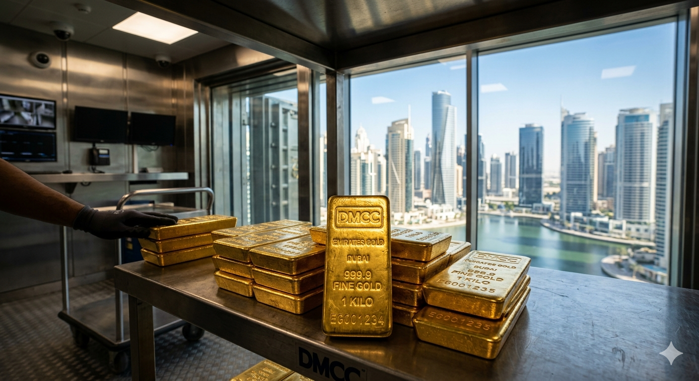 Varios lingotes de oro de un kilo apilados en una bóveda de alta seguridad para la fysiek goud opslag DMCC, con una vista panorámica de los rascacielos de Dubái a través del ventanal.