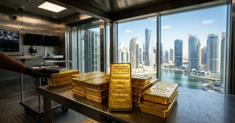 Varios lingotes de oro de un kilo apilados en una bóveda de alta seguridad para la fysiek goud opslag DMCC, con una vista panorámica de los rascacielos de Dubái a través del ventanal.