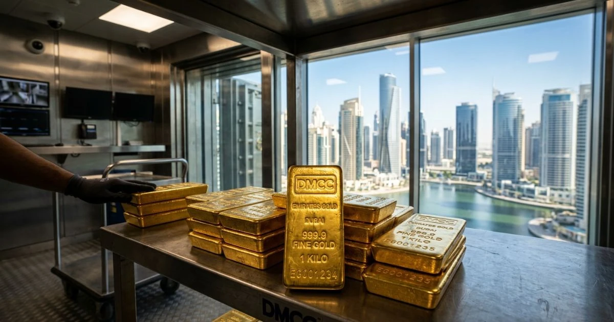 Varios lingotes de oro de un kilo apilados en una bóveda de alta seguridad para la fysiek goud opslag DMCC, con una vista panorámica de los rascacielos de Dubái a través del ventanal.