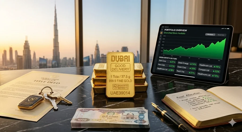 Wealth diversification in Dubai highlighting asset backed gold investment UAE.
