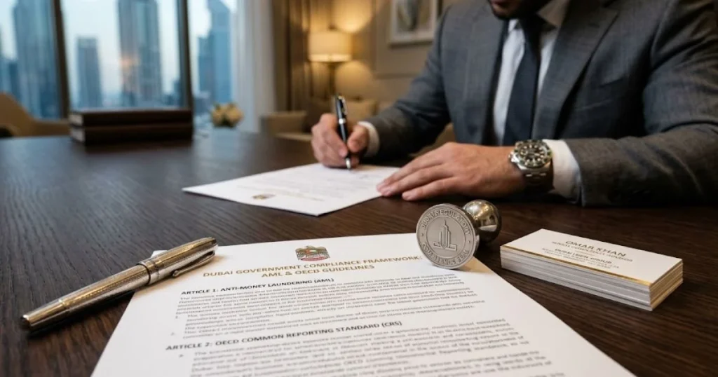 A close-up of compliance documents related to gold trading and AML regulations in the UAE, essential for a gold arbitrage strategy Dubai business.