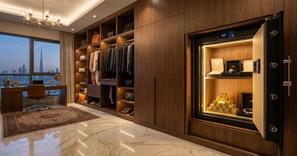 A custom-designed hidden home safe integrated into luxury cabinetry in a Dubai villa for the secure storage of inherited physical gold assets.
