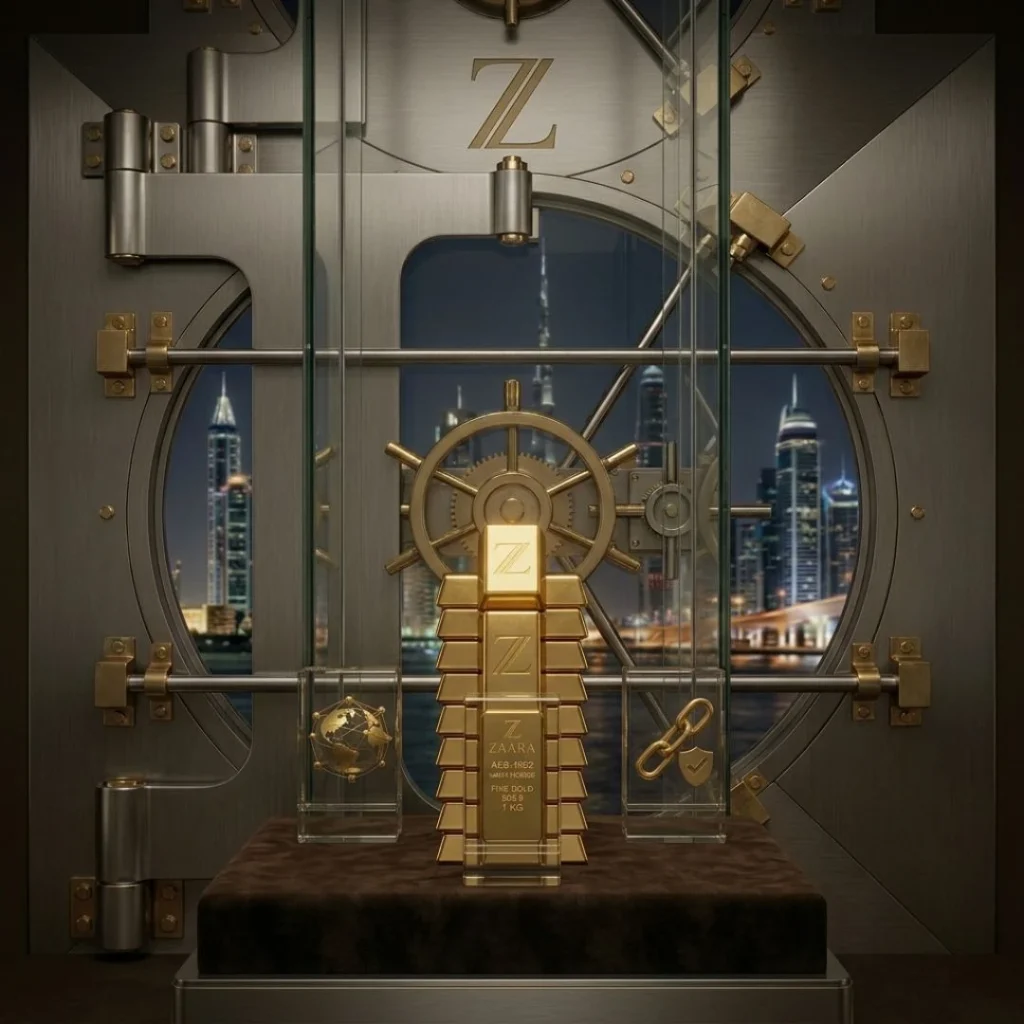 A perfectly square, conceptual conceptual asset display featuring a strong stack of pure gold bars within a heavy steel vault, flanked by golden icons for global market access and secure asset protection.