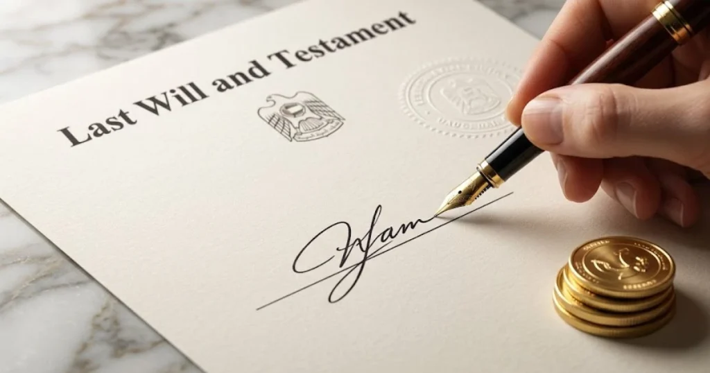 A person signing a legal DIFC or Abu Dhabi Will to secure physical gold inheritance in the UAE, with gold coins on the desk.