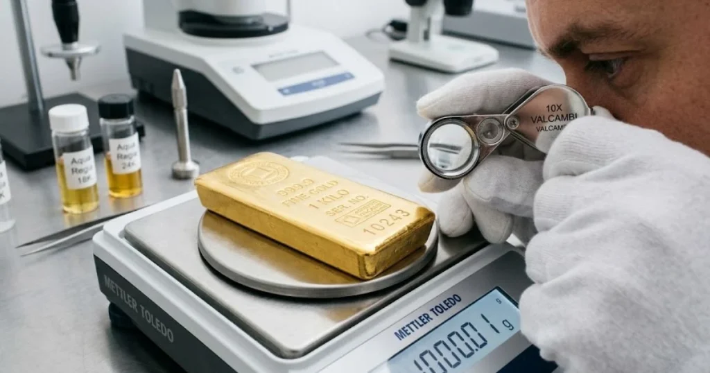 A professional gold appraiser in the UAE carefully valuing inherited gold bullion bars using a jeweler's loupe and a high-precision scale.