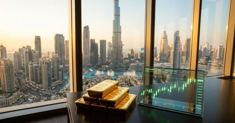 A stack of professional gold bars on a trading desk overlooking the Dubai downtown skyline at sunrise, illustrating a gold arbitrage strategy Dubai.